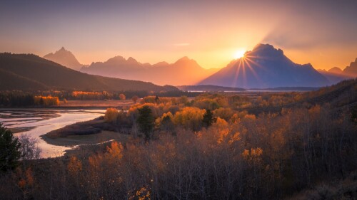 日落 山脉 森林 景观 自然 落下 河 太阳 光线 怀俄明州 美国 北美 大提顿国家公园